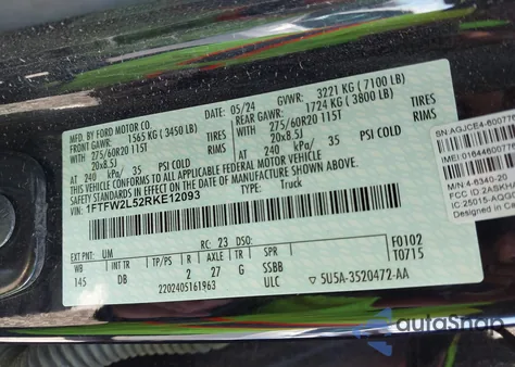 2024 Ford F-150 Stx из США, поврежденный, VIN 1FTFW2L52RKE12093